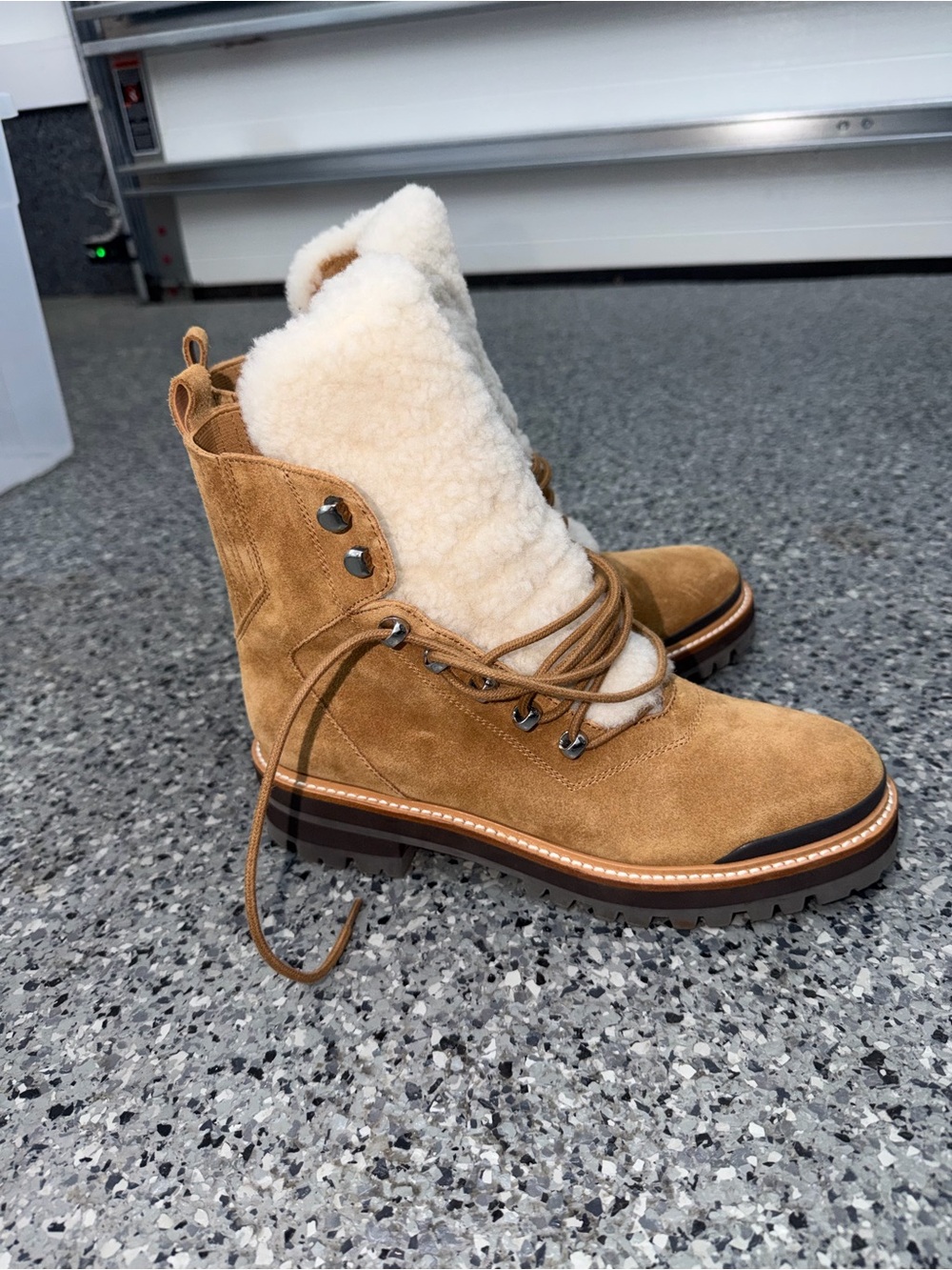 Marc Fisher Shearling-Lined Tan Suede Lace-Up Boots